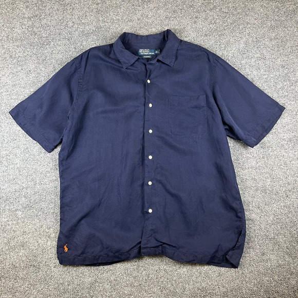 Vintage Polo Ralph Lauren Caldwell Shirt Mens L Dark Blue Silk Linen Loop Camp - Picture 1 of 11